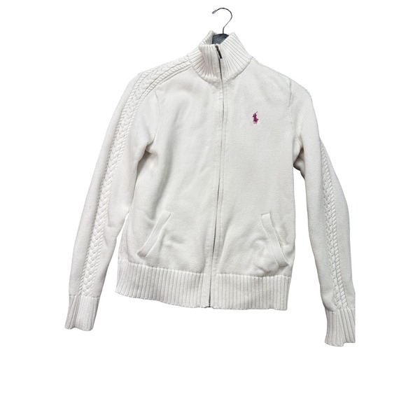 Polo Ralph Lauren Sweaters - Polo Ralph Lauren Sweater Womens Small White‎ Full Zip Mock Neck Cable Knit Pony